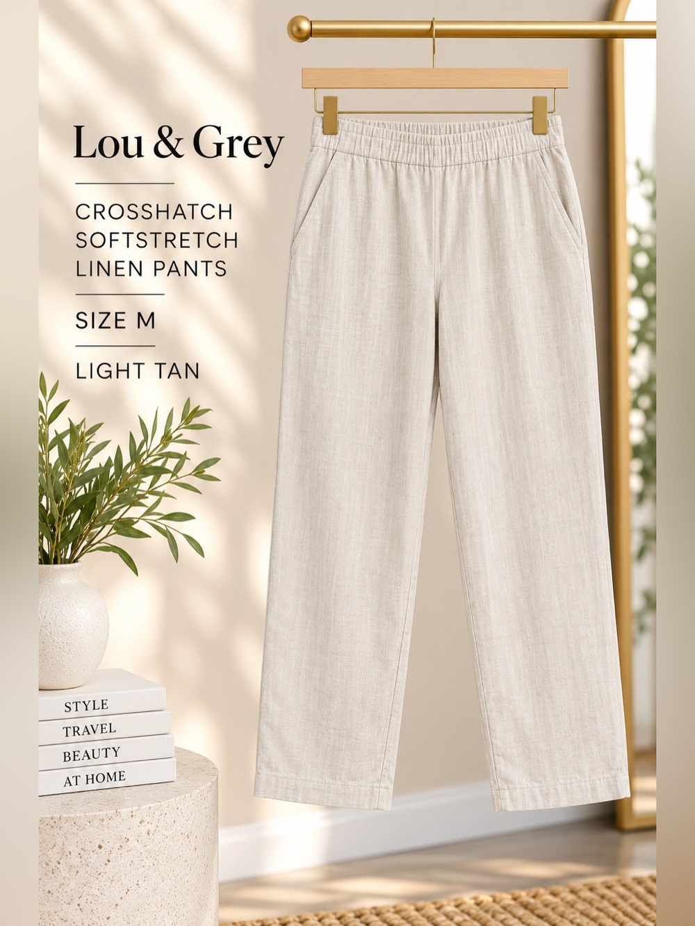 Lou & Grey Crosshatch Softstretch Linen Pants Light Tan Size Medium